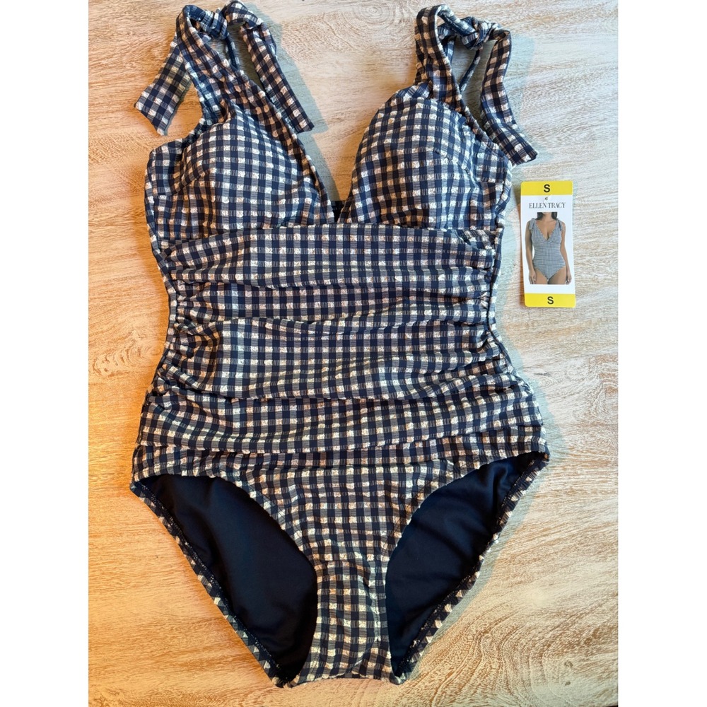 NWT Size Small Ellen Tracy One Piece Swimsuit Navy Gingham Ruched Halter